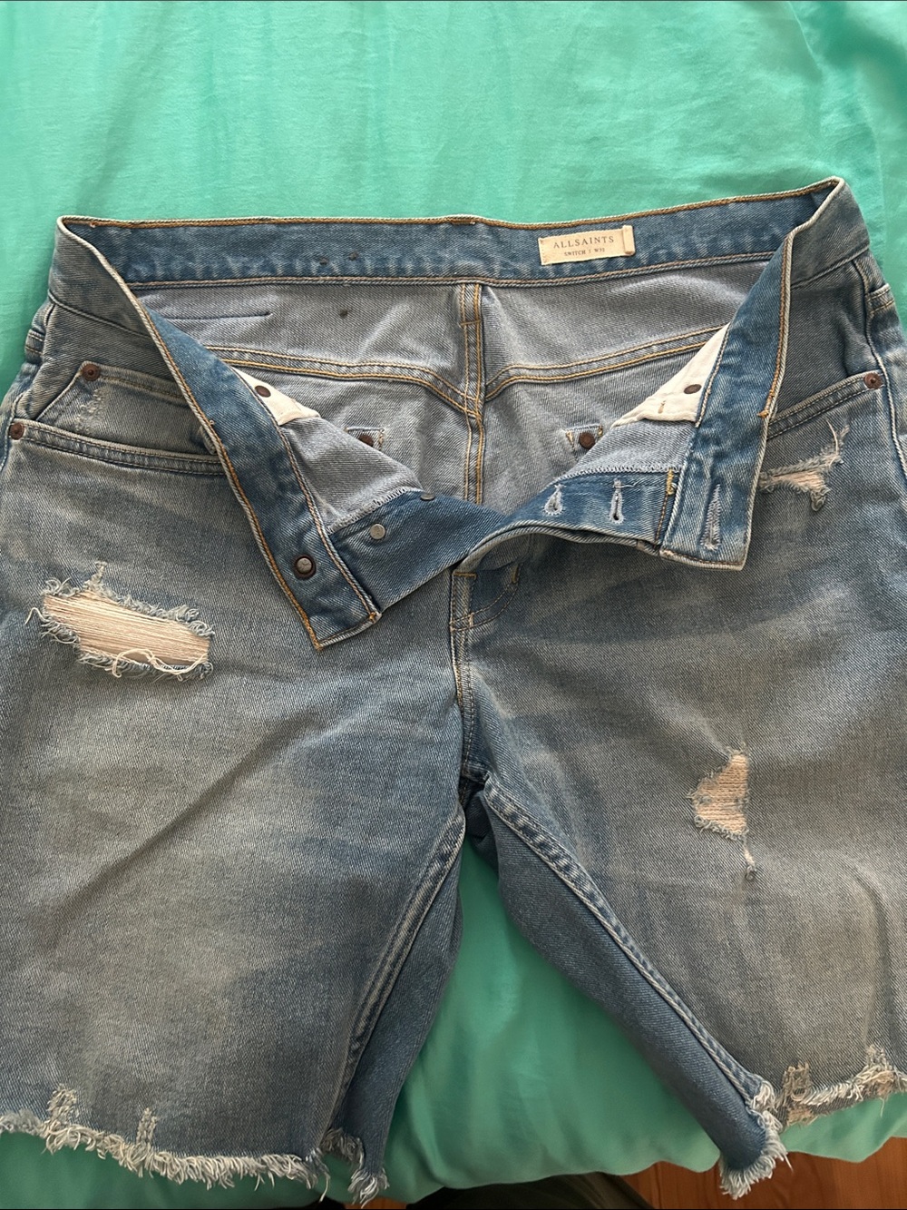 All Saints Light Blue Distressed Boyfriend Denim Shorts